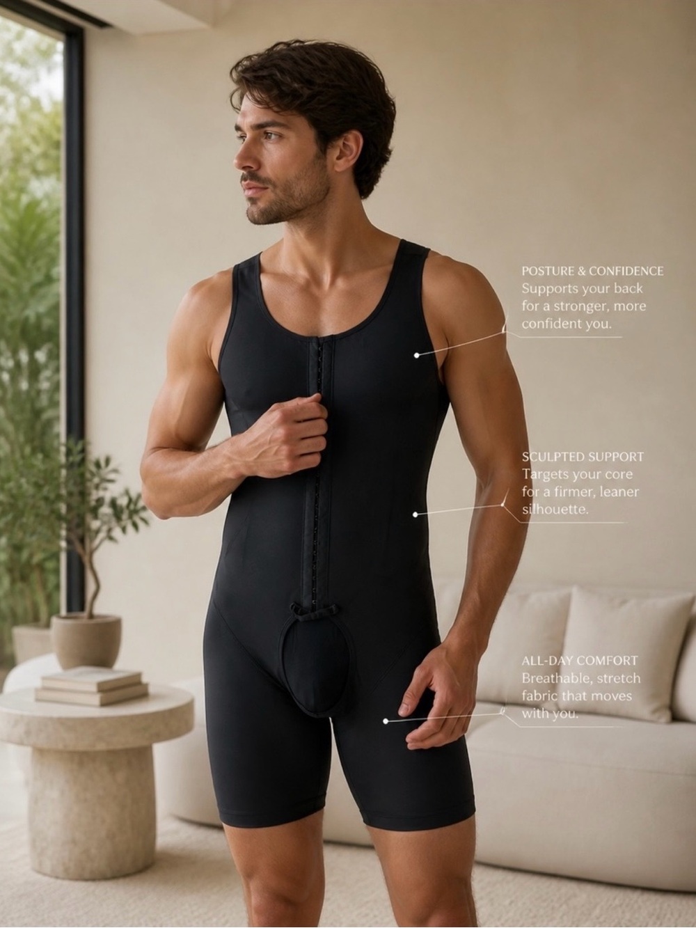 Men's Black Compression Body Shaper with Front Zipper
